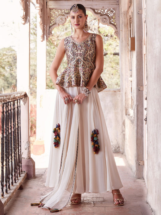 Off White Georgette Peplum Style Sharara Suit