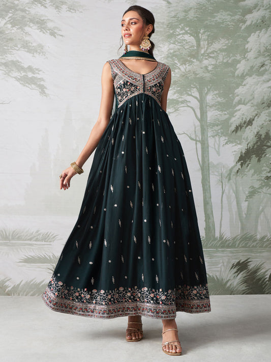 Dark Green Multi Embroidery Traditional Anarkali Suit