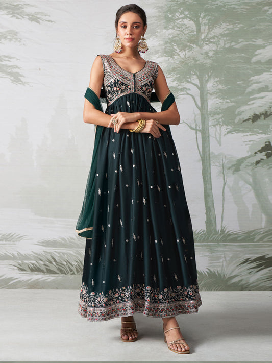 Dark Green Multi Embroidery Traditional Anarkali Suit