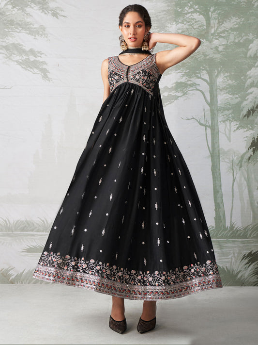 Black Multi Embroidery Traditional Anarkali Suit