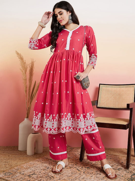 Pink & White Floral Embroidered Flared V-Neck Kurta & Palazzo