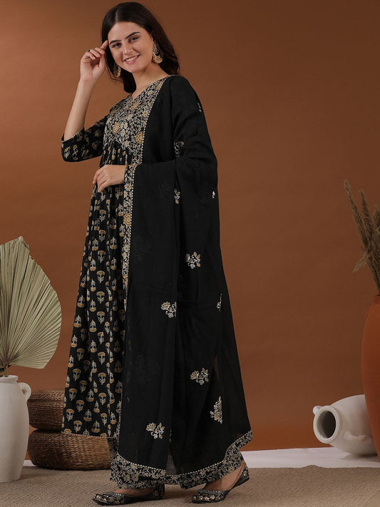 Black Floral Printed Thread Work A-Line Kurta With Palazzos & Dupatta