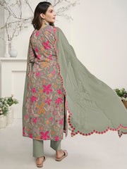 Amyra Dastur Green Floral Printed Thread Work Straight Kurta With Trousers & Dupatta