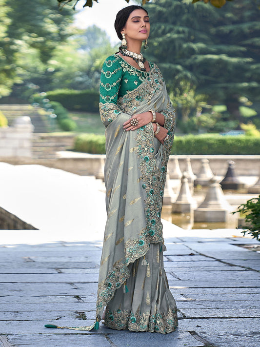 graceful gadwal silk saree in elegant grey with embroidery and handwork