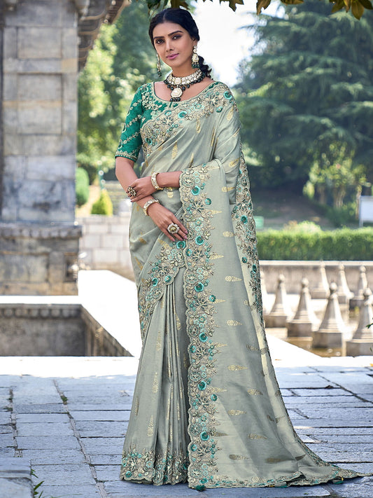 graceful gadwal silk saree in elegant grey with embroidery and handwork