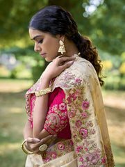 off white gadwal silk saree with pink rani silk blouse and exquisite handwork