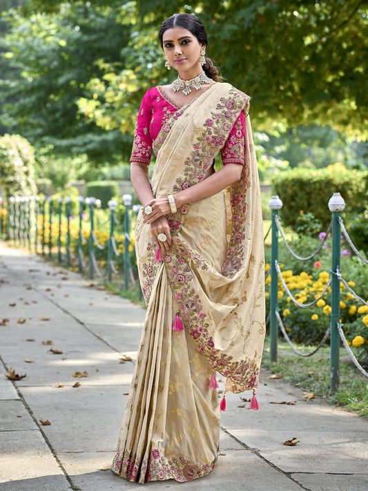 off white gadwal silk saree with pink rani silk blouse and exquisite handwork