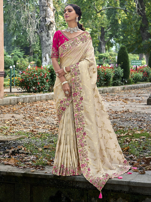 off white gadwal silk saree with pink rani silk blouse and exquisite handwork