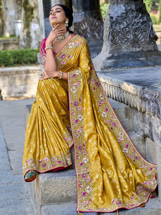 yellow gadwal silk saree with pink silk blouse and exquisite handwork