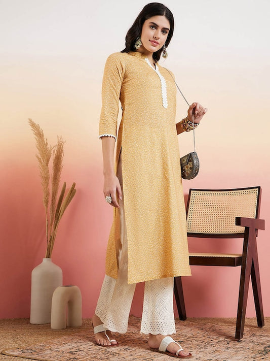 Mustard Yellow Ethnic Motifs Printed Pure Cotton Straight Kurta With Palazzo