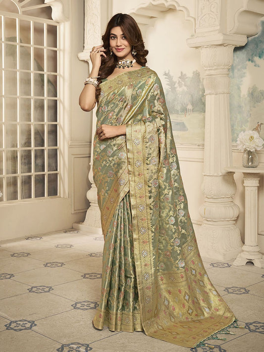 Gold-Toned And Green Woven Design Zari Saree