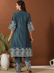 Blue Floral Yoke Design Empire Thread Work Kurta With Palazzo