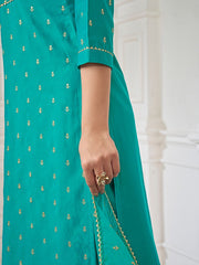 Women Green Ethnic Motifs Embroidered Regular Thread Work Chanderi Cotton Kurta with Trousers & With Dupatta