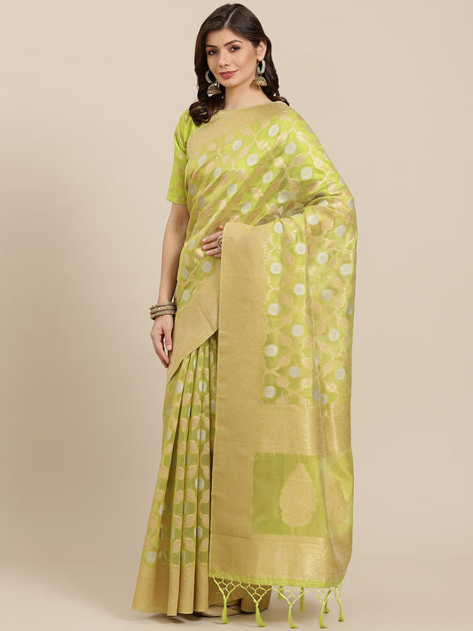 Green & Golden Woven Design Jaali Organza Banarasi Saree