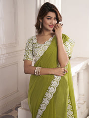 Green And White Embroidered Organza Saree