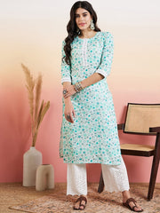 Green Round Neck Ethnic Motifs Printed Chikankari Straight Kurta with Palazzos