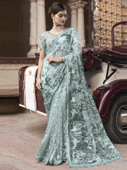 Sea Green Sequence And Applique Embroidery Designer Wedding Saree