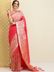 Coral Pink & Gold-Toned Paisley Zari Banarasi Saree