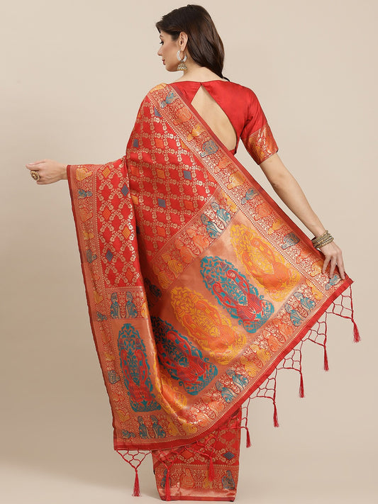 Red & Golden Woven Design Zari Silk Blend Saree