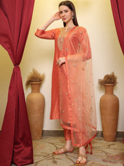 Orange Sequence Embroidered Round Neck Kurta With Trousers & Dupatta