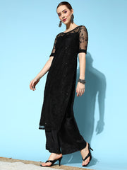 Women Black Floral Net Ethereal Embroidery Kurta Set