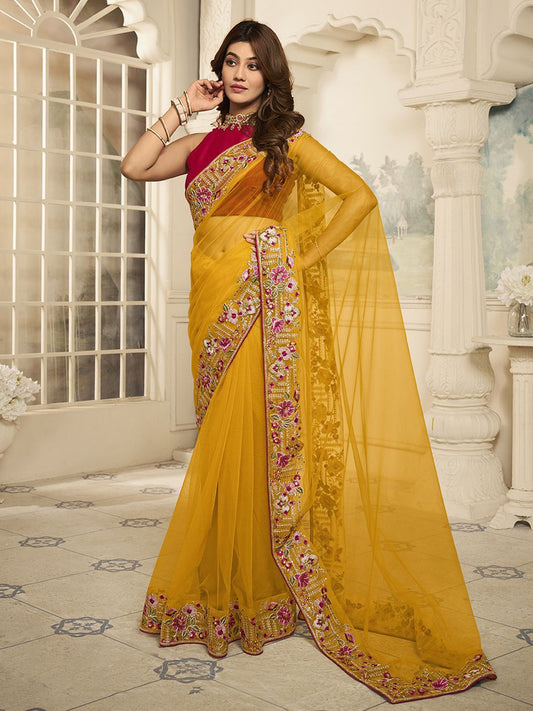 Mustard And Pink Embroidered Net Saree