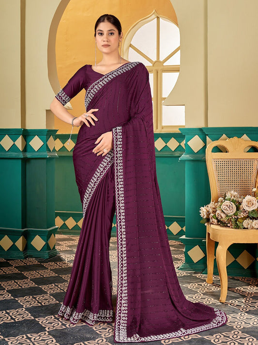 Mauve Embellished Beads and Stones Satin Saree