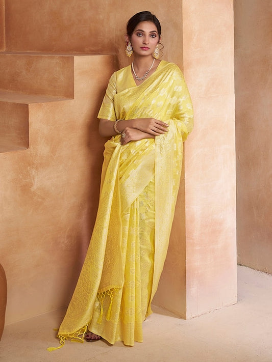 Yellow Ethnic Motif Woven Design Zari Saree