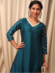 Teal Women Panelled Thread Work Pure Silk Kurta with Trousers