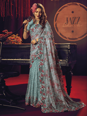 Teal Blue Applique And Sequence Embroidery Partywear Saree