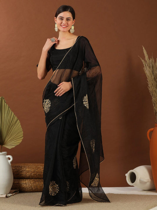 Black Ethnic Motifs Zari Organza Saree