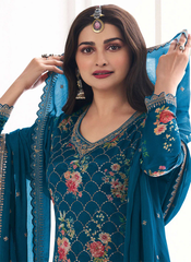 Turquoise Sequence Embroidery Floral Palazzo Suit