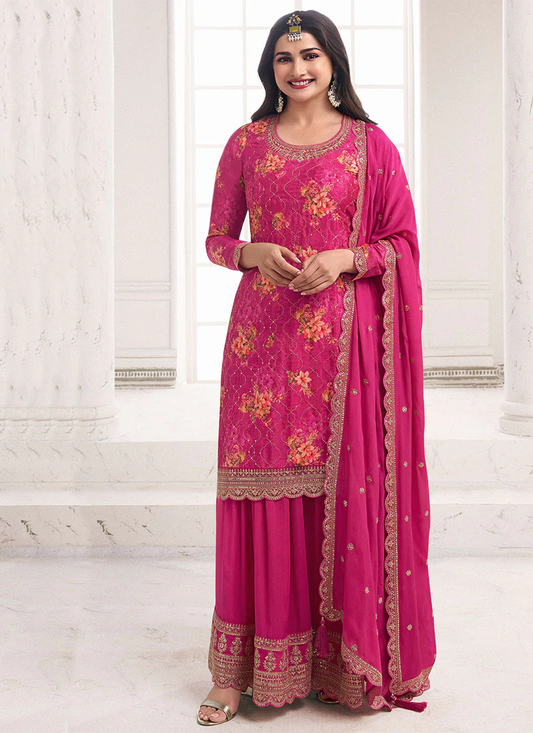 Pink Sequence Embroidery Floral Palazzo Suit