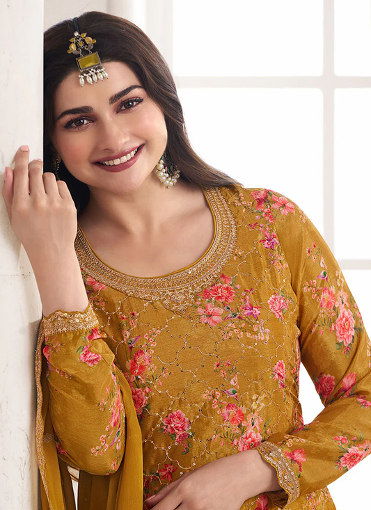 Yellow Sequence Embroidery Floral Palazzo Suit