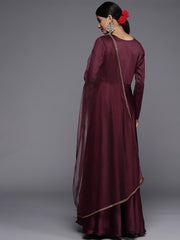 Women Burgundy Yoke Design Satin Anarkali Kurta