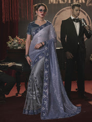 Grey Sequence And Applique Embroidery Wedding Saree