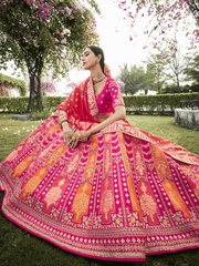 Designer Rani and Orange Embroidery Banarasi Silk Lehenga