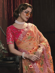 Orange Floral Sequence And Applique Embroidery Wedding Saree