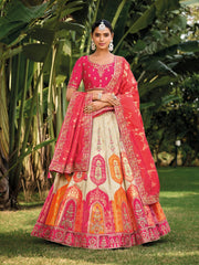 Cream and Pink Silk Wedding Lehenga Choli