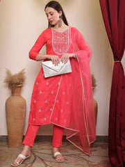 Pink Thread Embroidered Round Neck Kurta With Trousers & Dupatta