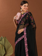 Black And Pink Embroidered Organza Saree