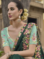 Dark Green Embroidered Art Silk Crushed Saree