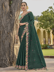 Dark Green Embroidered Art Silk Crushed Saree