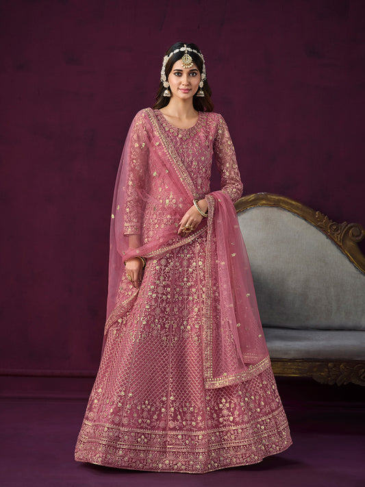 Pink Net Partywear Anarkali Suit