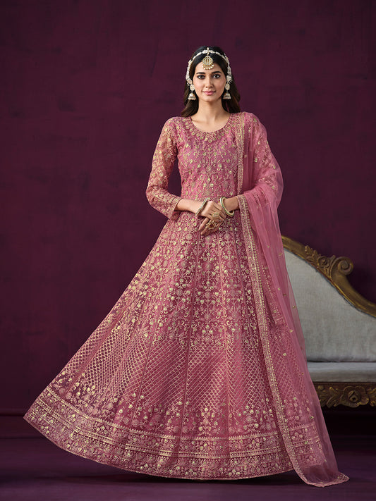 Pink Net Partywear Anarkali Suit