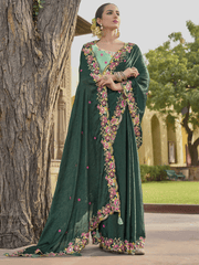 Dark Green Embroidered Art Silk Crushed Saree