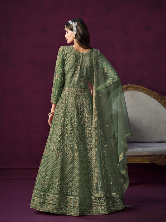 Green Net Partywear Anarkali Suit