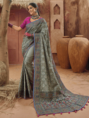 Olive Green And Pink Multi Embroidery Traditional Silk Saree