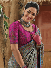 Olive Green And Pink Multi Embroidery Traditional Silk Saree