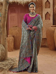 Olive Green And Pink Multi Embroidery Traditional Silk Saree